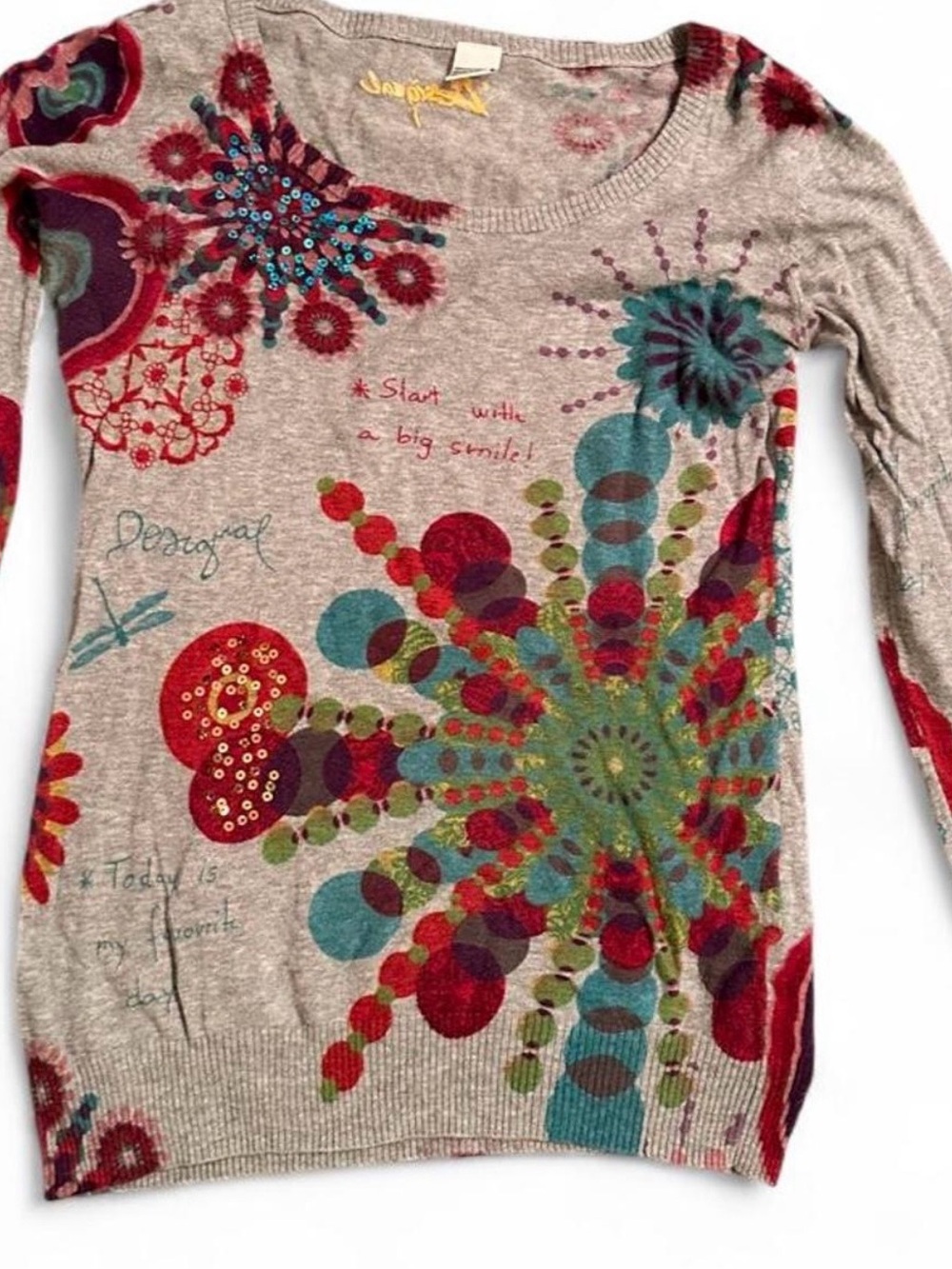Desigual Long-Sleeve Scoop Neck Top with Multicolor Floral Burst
